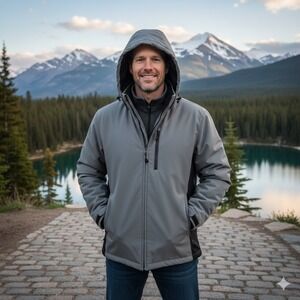 Weatherproof Ultra Tech Jacket Men Large‎ Fleece Lined Removable Hood Gray Black